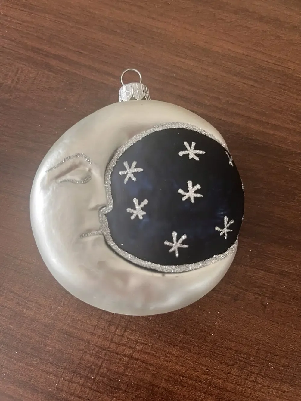 Man In The Moon Face Crescent Glass Christmas Ornament Vintage Double Sided
